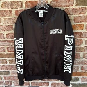 RARE NEW Victorias Secret PINK satin Las Vegas bomber jacket in black